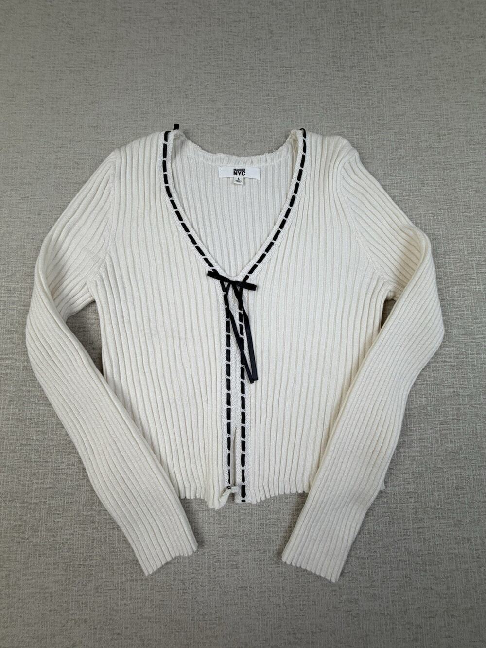 Madden NYC Women’s Large Ivory Ribbed Cropped Sweater Black Ribbon Bow